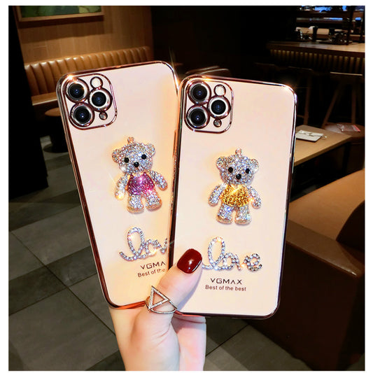 Diamond-studded bear electroplating phone case