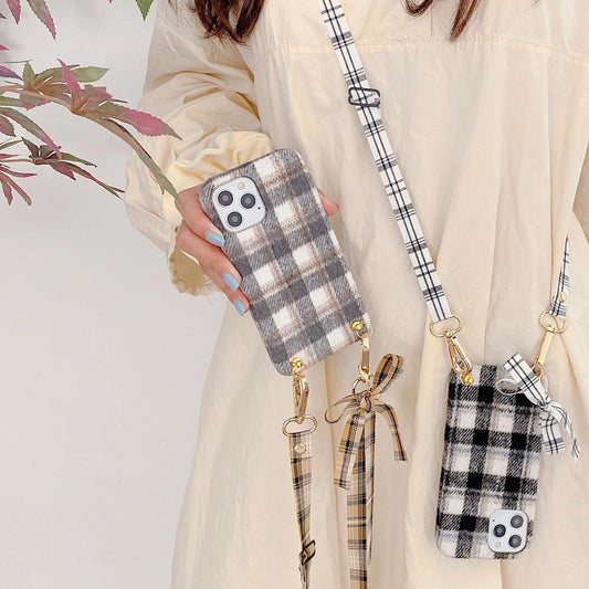 Woolen plaid lanyard phone case