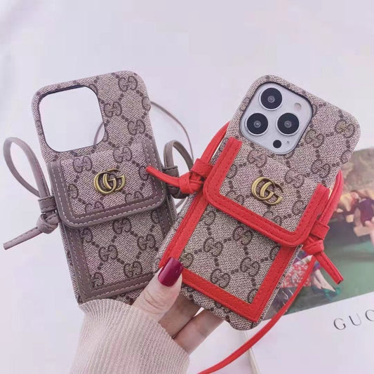 Leather cord crossbody lanyard card phone case for iPhone