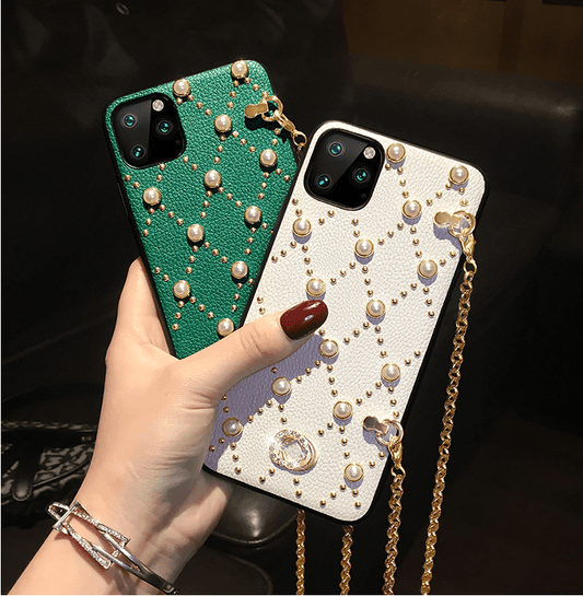 Fashion Pearl Rivet Diagonal Chain Phone Case - LVCASE