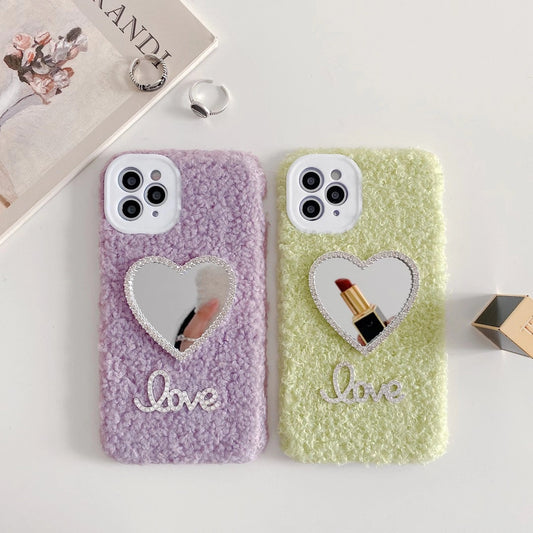 Love heart mirror plush phone case