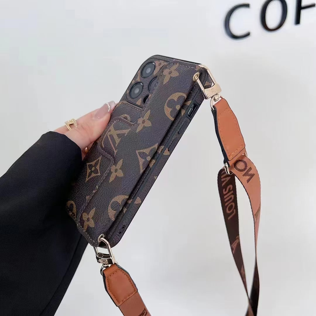 leather card holder lanyard phone case for iphone