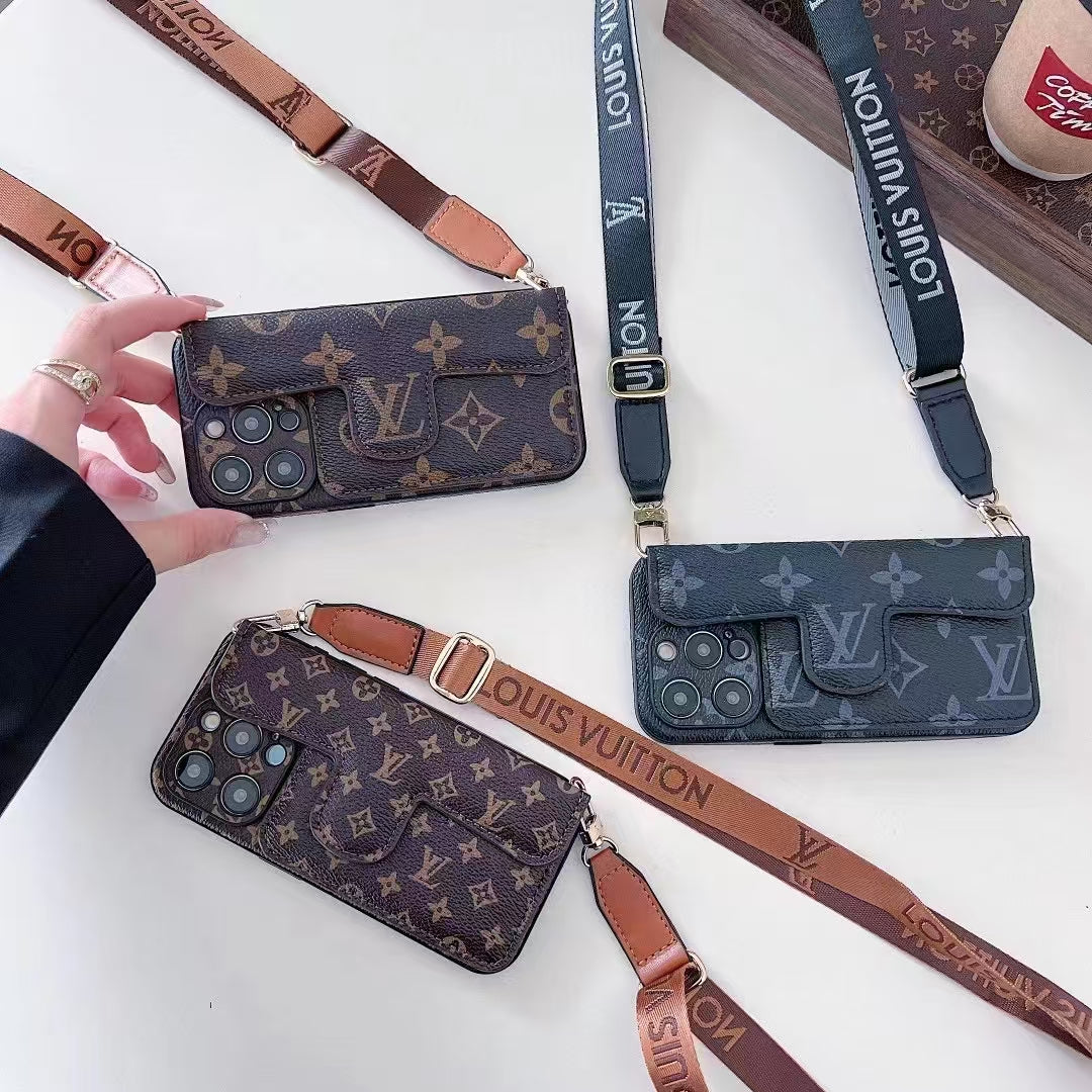 leather card holder lanyard phone case for iphone