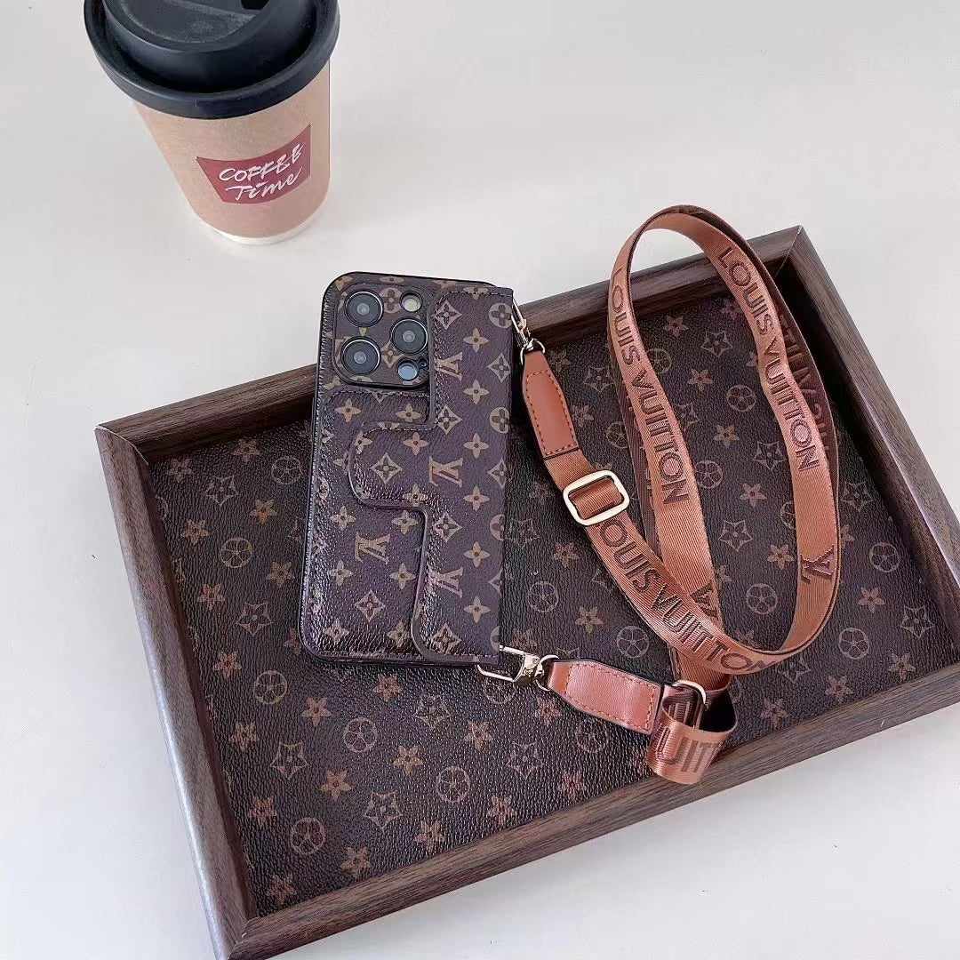 leather card holder lanyard phone case for iphone