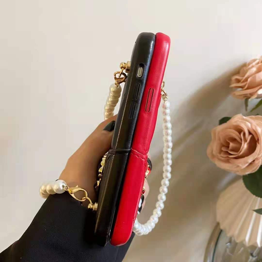 Leather card pearl bracelet phone case For iphone