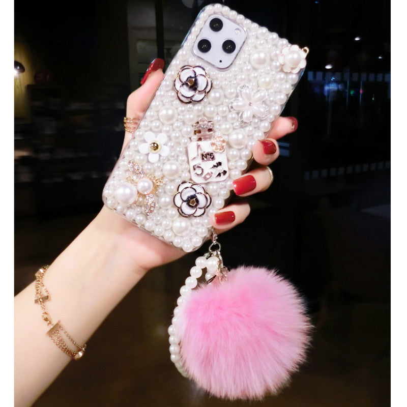 Luxury rhinestone pearl hair ball phone case