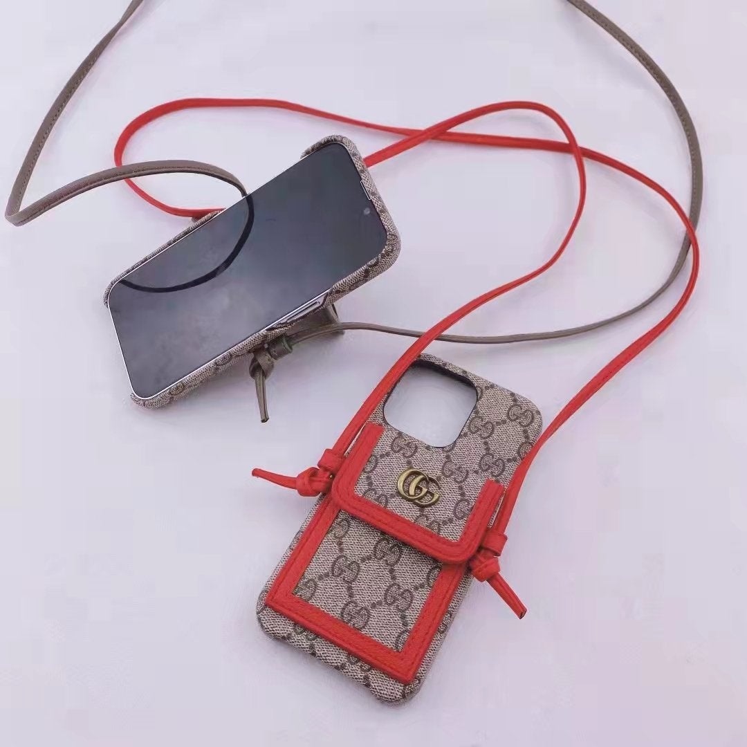 Leather cord crossbody lanyard card phone case for iPhone