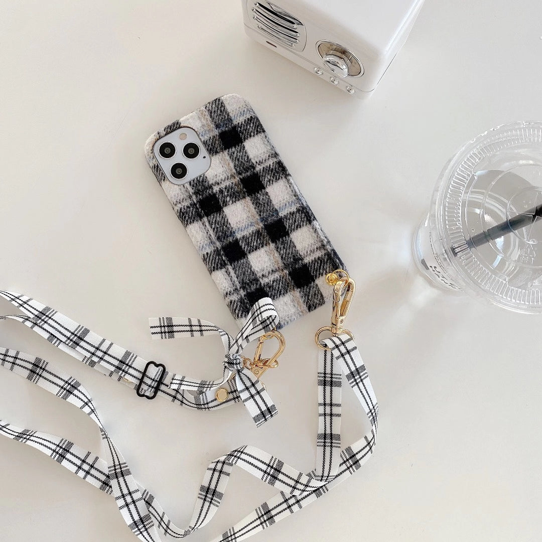 Woolen plaid lanyard phone case
