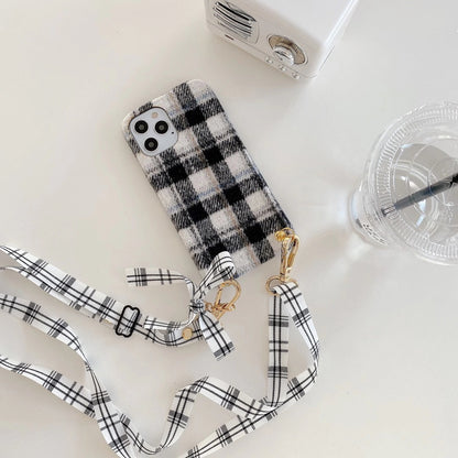 Woolen plaid lanyard phone case