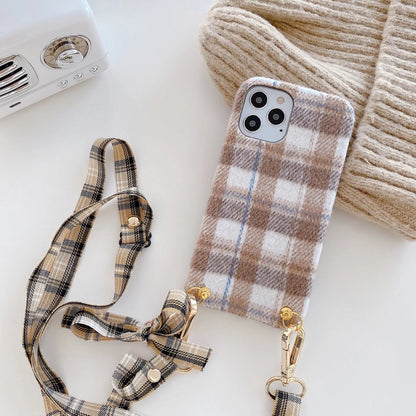 Woolen plaid lanyard phone case