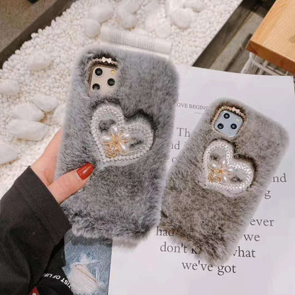 Pearl love heart plush phone case