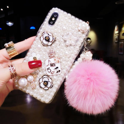 Luxury rhinestone pearl hair ball phone case