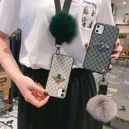 Rhinestone bee hair ball lanyard phone case