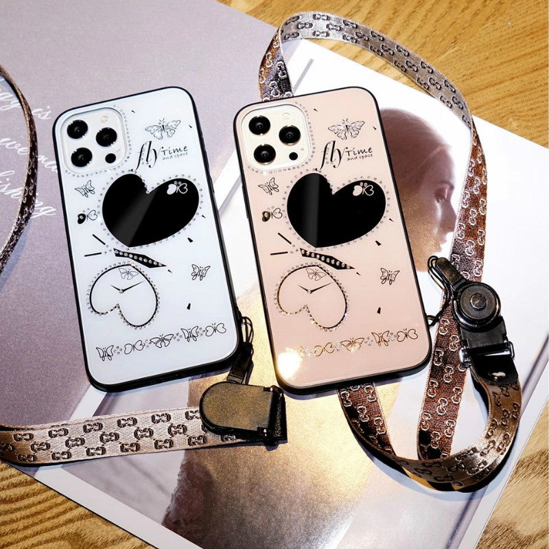 Love heart mirror lanyard phone case