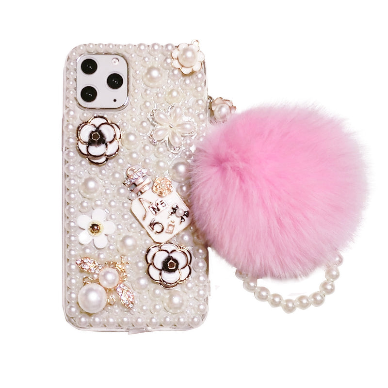 Luxury rhinestone pearl hair ball phone case
