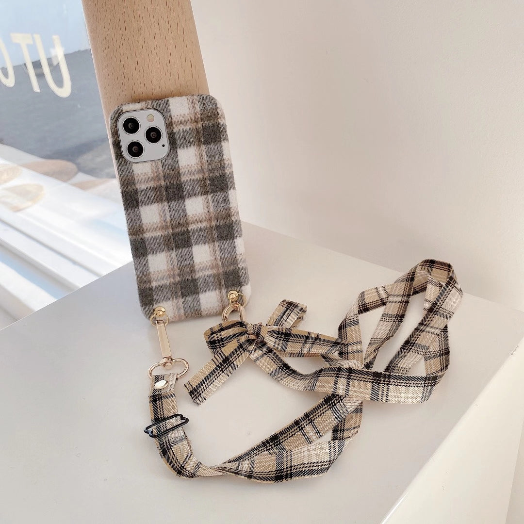 Woolen plaid lanyard phone case