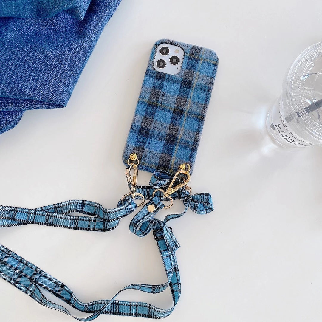 Woolen plaid lanyard phone case