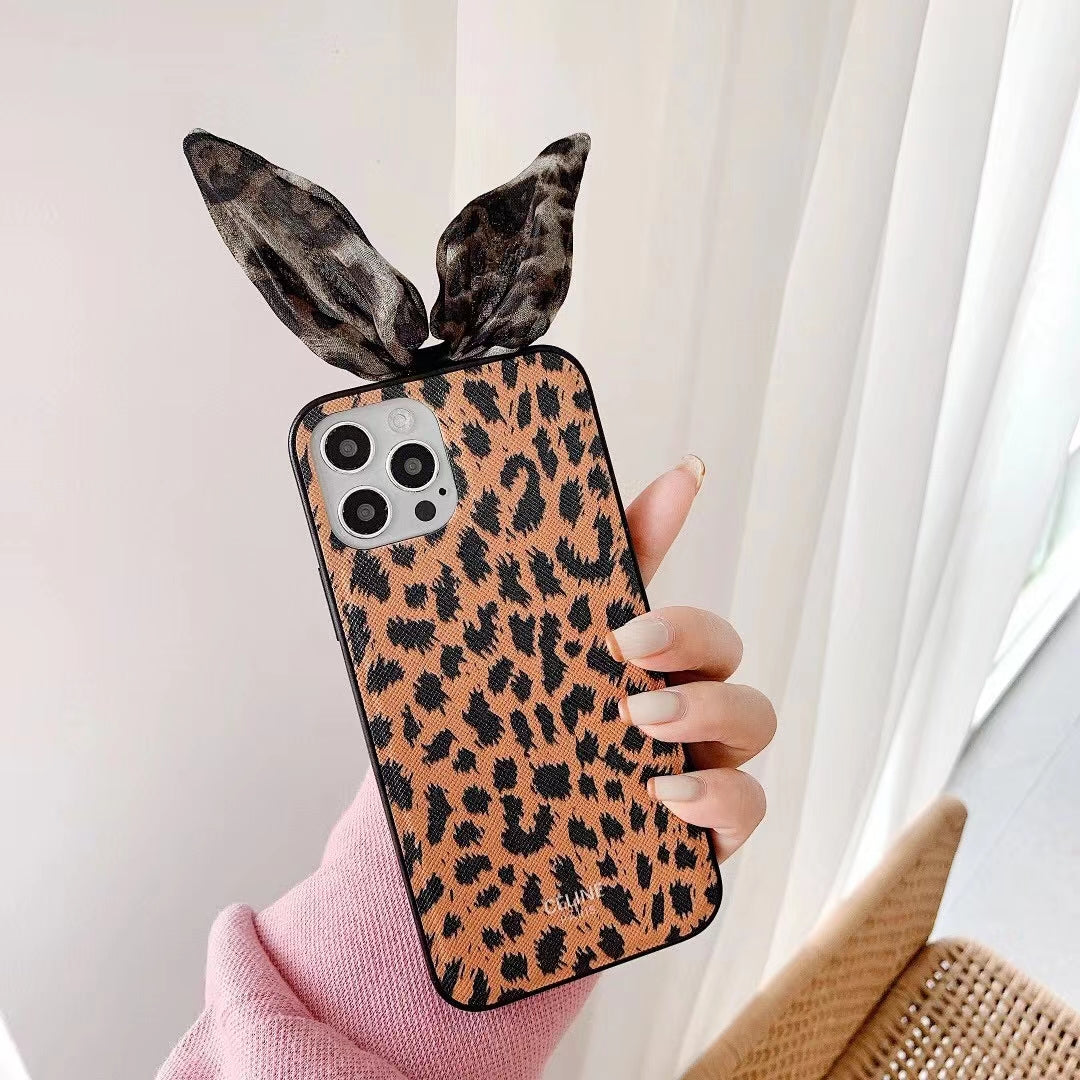 Leopard print rabbit ear phone case