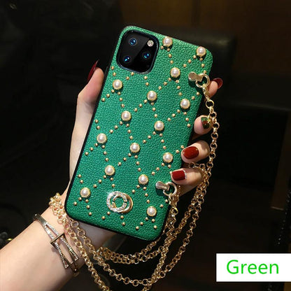 Fashion Pearl Rivet Diagonal Chain Phone Case - LVCASE