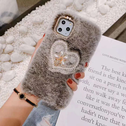 Pearl love heart plush phone case