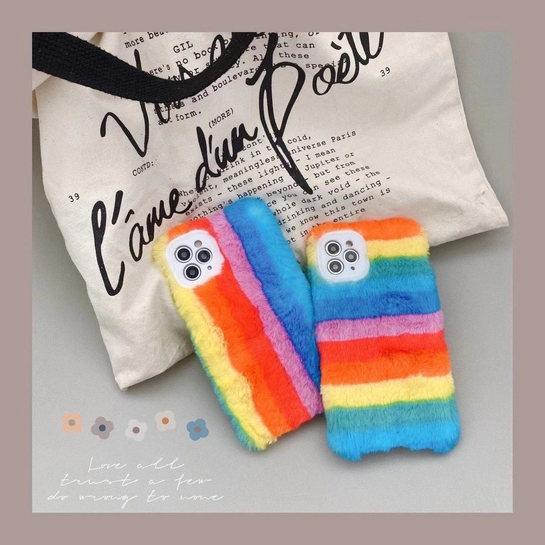 Rainbow color plush phone case