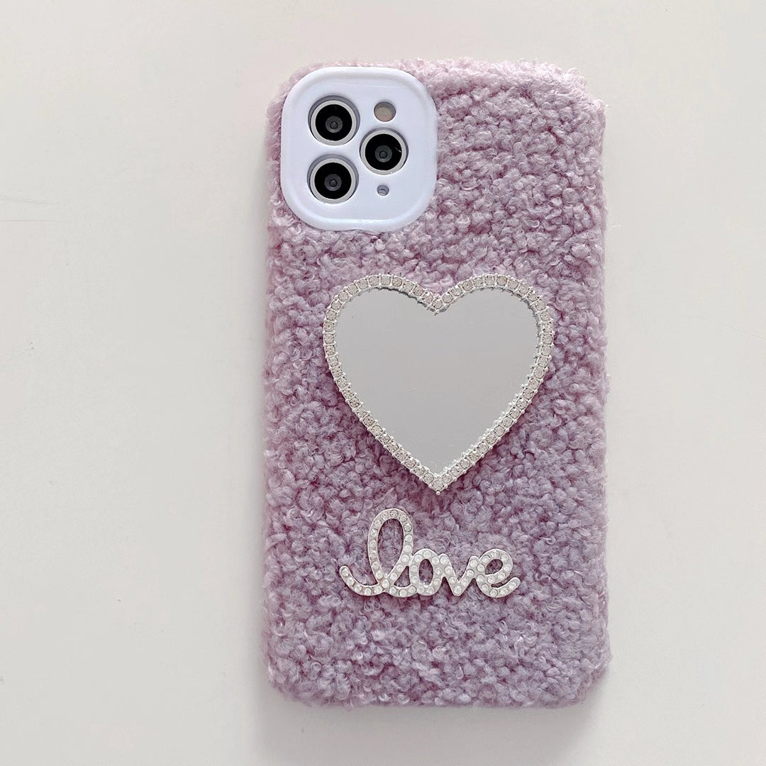 Love heart mirror plush phone case