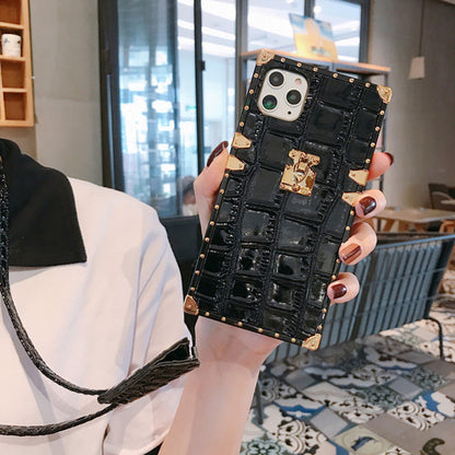 Square crocodile leather lanyard phone case