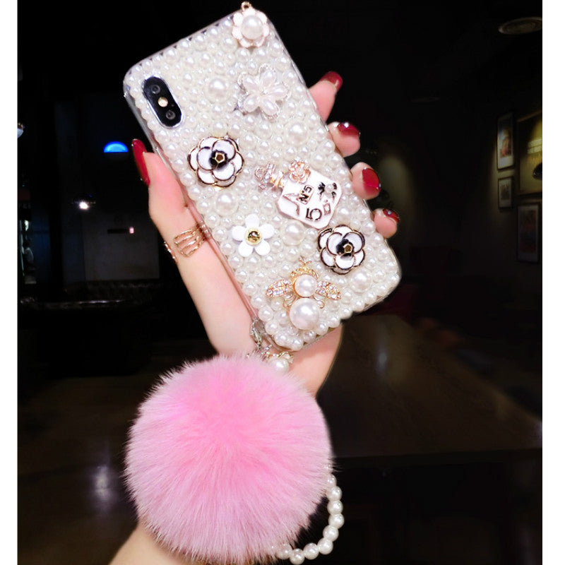 Luxury rhinestone pearl hair ball phone case