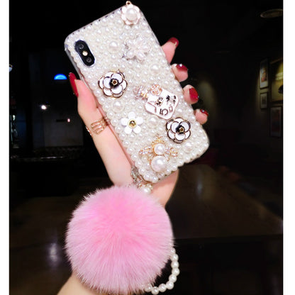 Luxury rhinestone pearl hair ball phone case
