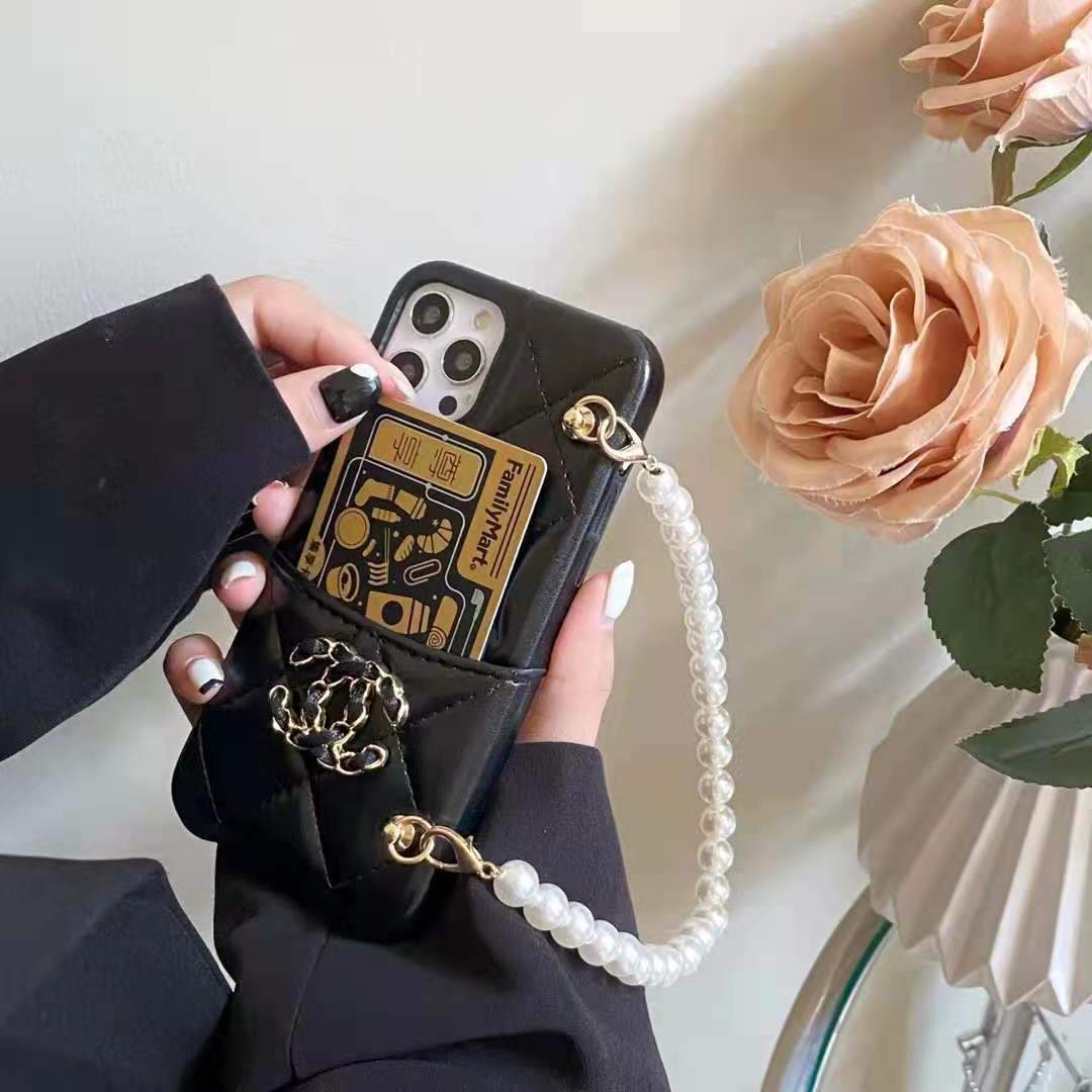 Leather card pearl bracelet phone case For iphone