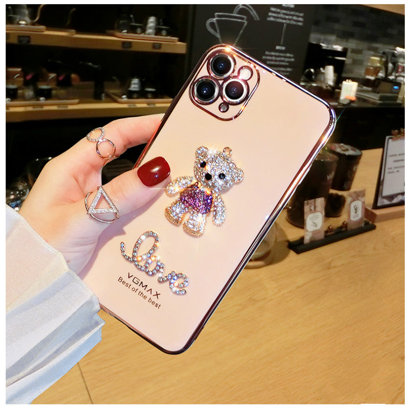 Diamond-studded bear electroplating phone case