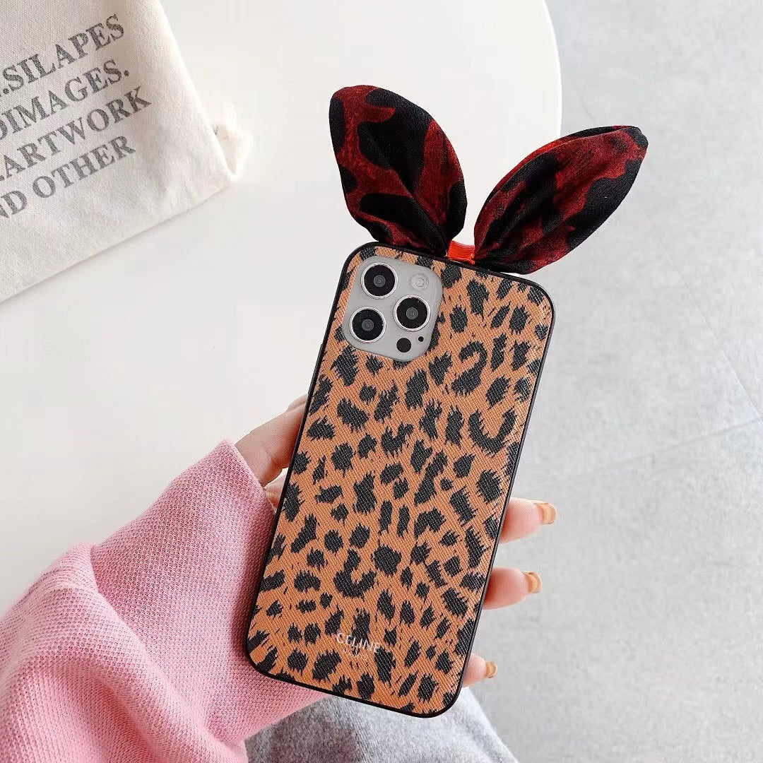 Leopard print rabbit ear phone case