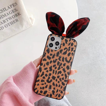 Leopard print rabbit ear phone case