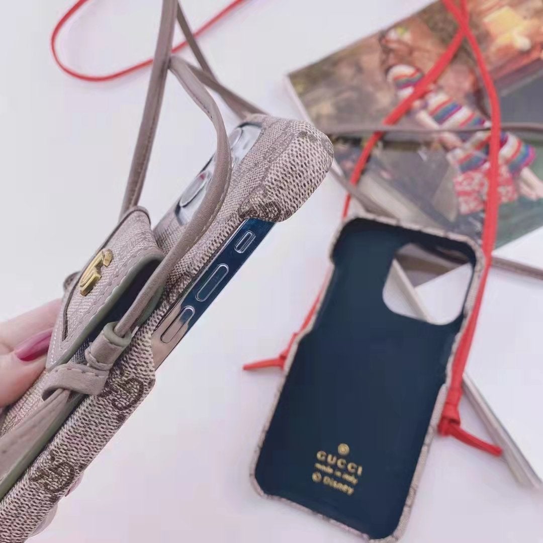 Leather cord crossbody lanyard card phone case for iPhone