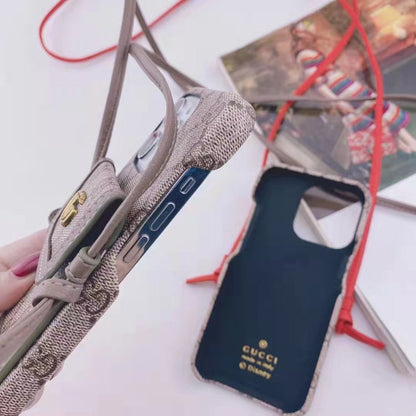 Leather cord crossbody lanyard card phone case for iPhone