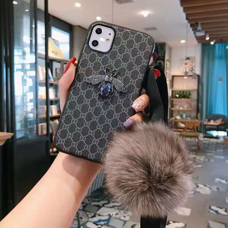 Rhinestone bee hair ball lanyard phone case