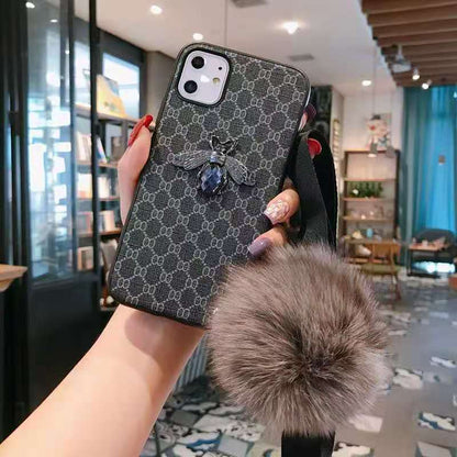 Rhinestone bee hair ball lanyard phone case