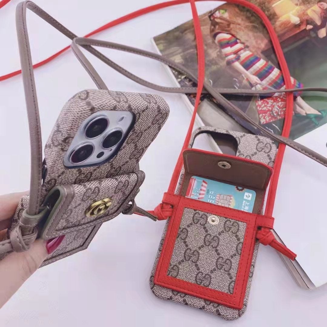 Leather cord crossbody lanyard card phone case for iPhone