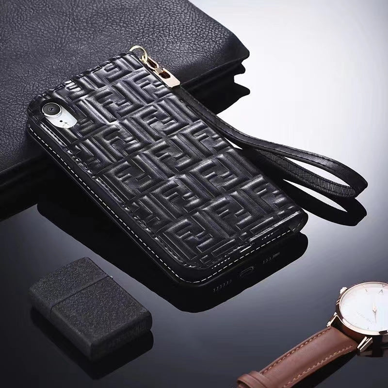 Leather card holder lanyard phone case