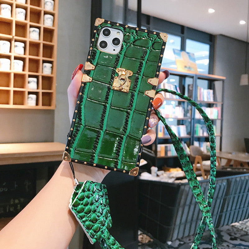 Square crocodile leather lanyard phone case