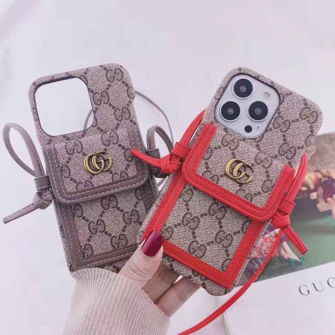 Leather cord crossbody lanyard card phone case for iPhone