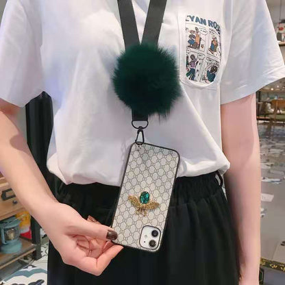 Rhinestone bee hair ball lanyard phone case