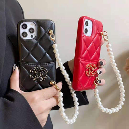 Leather card pearl bracelet phone case For iphone