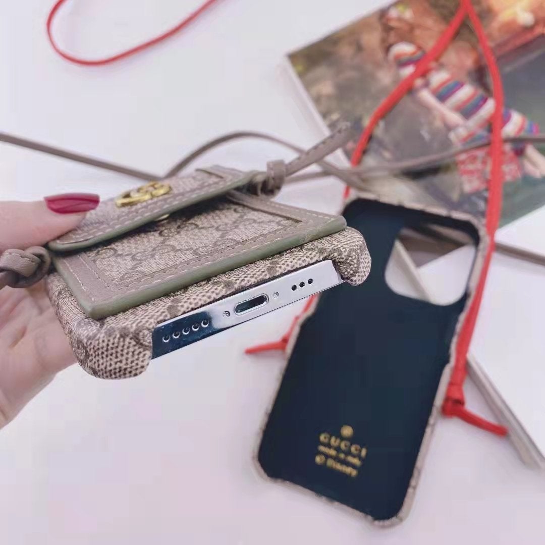 Leather cord crossbody lanyard card phone case for iPhone