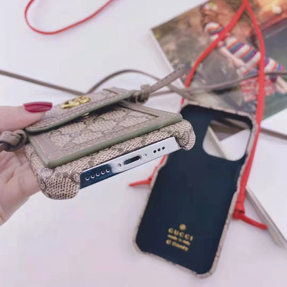Leather cord crossbody lanyard card phone case for iPhone