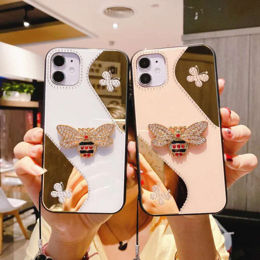 Rhinestone bee butterfly mirror phone case