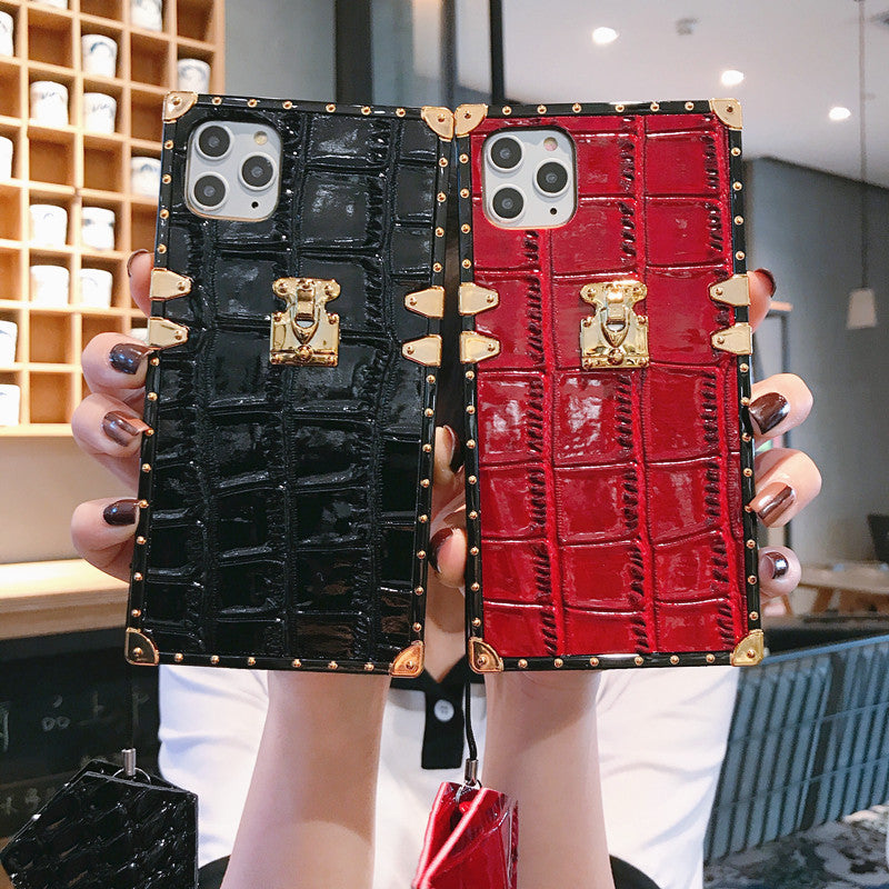 Square crocodile leather lanyard phone case