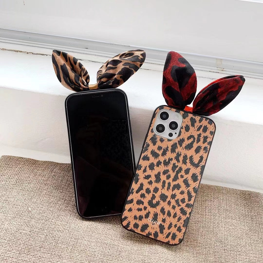 Leopard print rabbit ear phone case