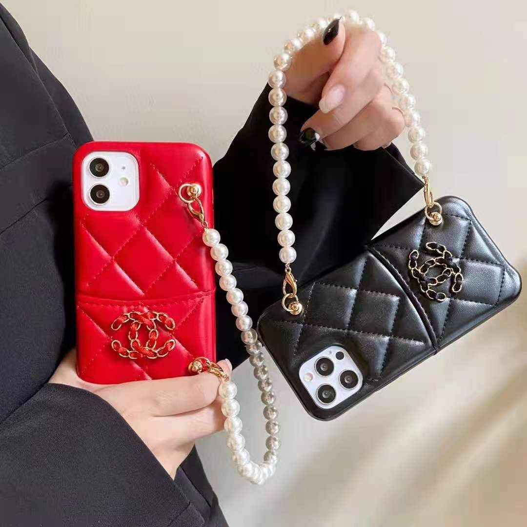 Leather card pearl bracelet phone case For iphone