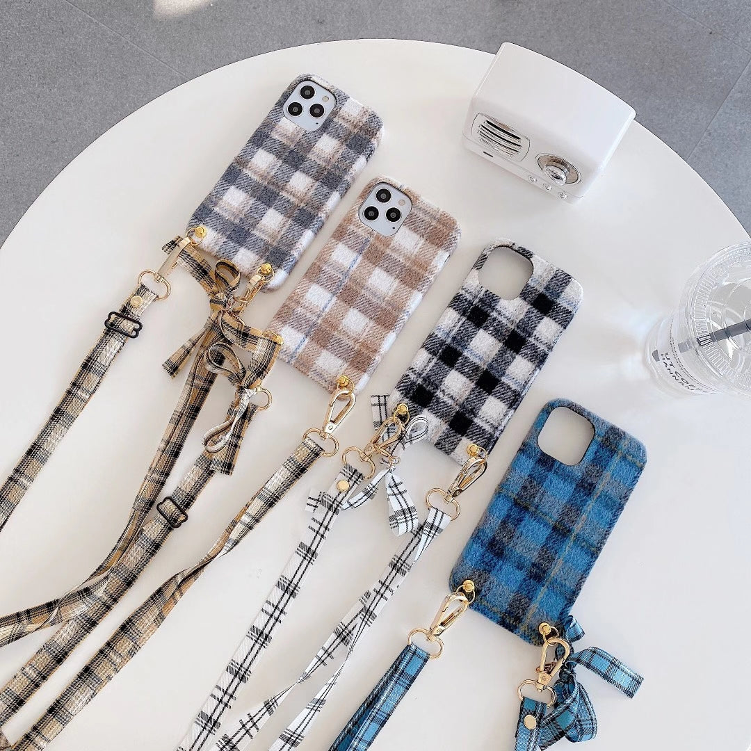 Woolen plaid lanyard phone case